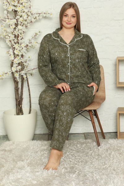 Moda Çizgi Kadın Pamuklu Cepli Uzun Kol Büyük Beden Pijama Takım 202055 - Thumbnail