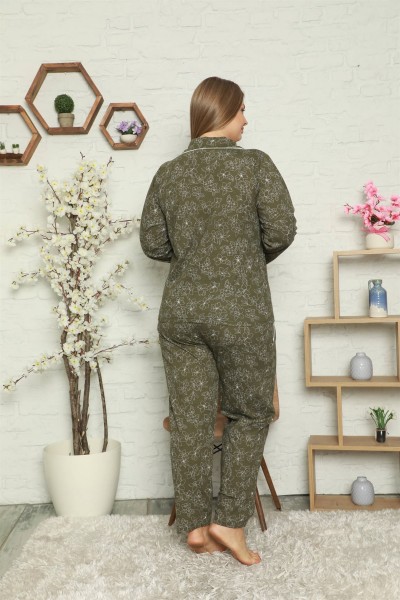 Moda Çizgi Kadın Pamuklu Cepli Uzun Kol Büyük Beden Pijama Takım 202055 - Thumbnail