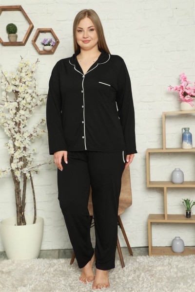 Moda Çizgi - Moda Çizgi Kadın Pamuklu Cepli Uzun Kol Büyük Beden Pijama Takım 202057