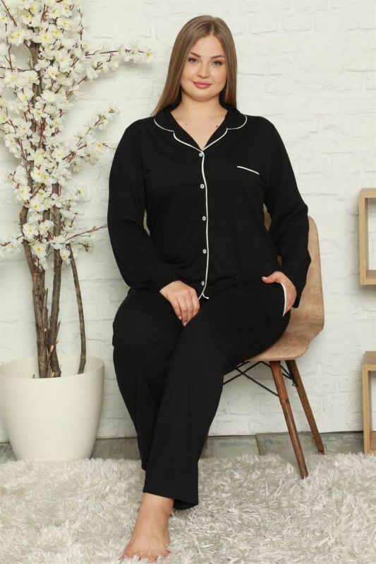 Moda Çizgi Kadın Pamuklu Cepli Uzun Kol Büyük Beden Pijama Takım 202057 - 2