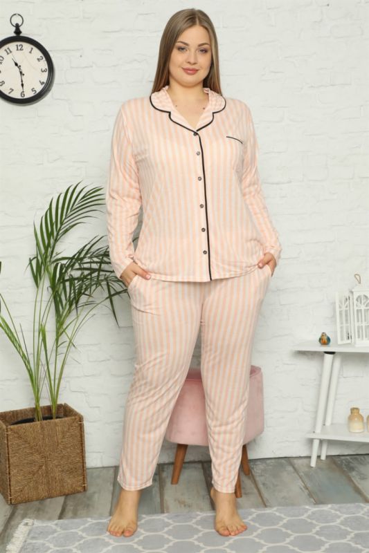Moda Çizgi Kadın Pamuklu Cepli Uzun Kol Büyük Beden Pijama Takım 202098 - 1