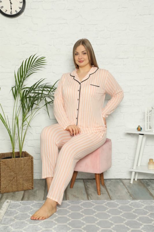 Moda Çizgi Kadın Pamuklu Cepli Uzun Kol Büyük Beden Pijama Takım 202098 - 2