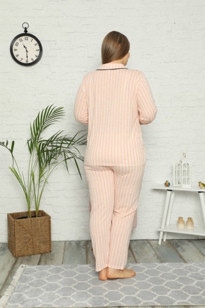 Moda Çizgi Kadın Pamuklu Cepli Uzun Kol Büyük Beden Pijama Takım 202098 - Thumbnail