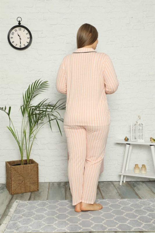 Moda Çizgi Kadın Pamuklu Cepli Uzun Kol Büyük Beden Pijama Takım 202098 - 3