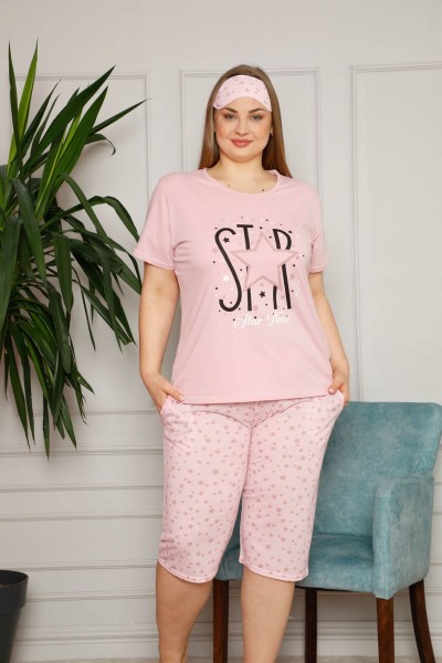 Moda Çizgi - Kadın Pamuklu Kısa Kol Büyük Beden Kapri Pijama Takım 202088