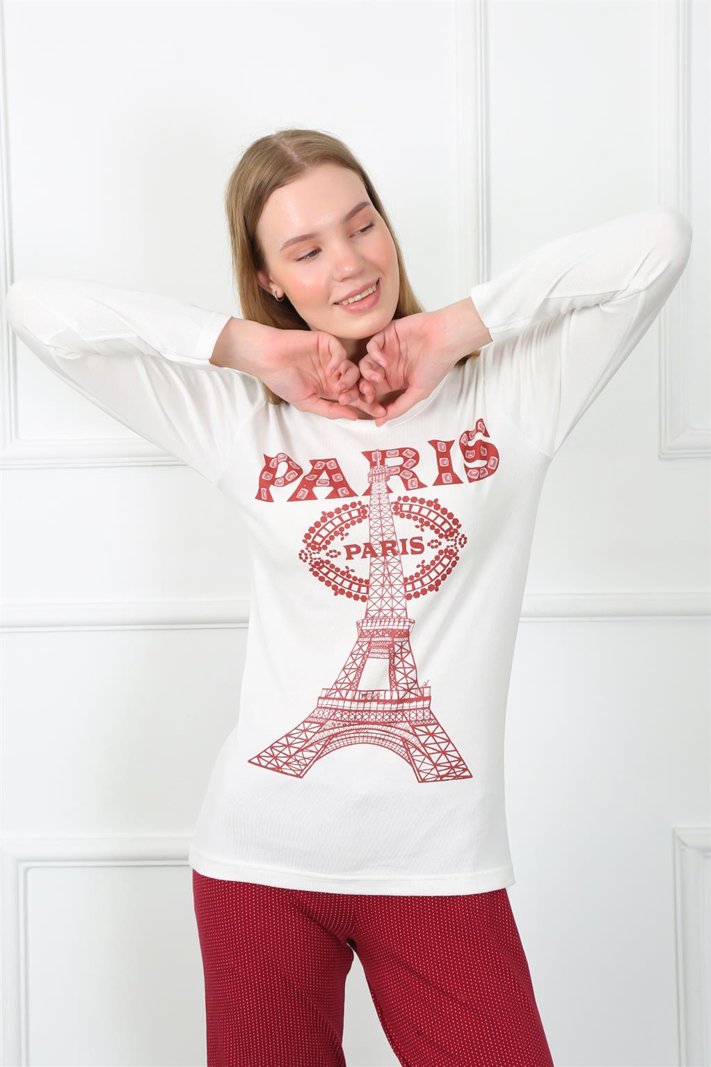Moda Çizgi Kadın Paris Penye Uzun Kol Pijama Takım 4139 - L | Ekru