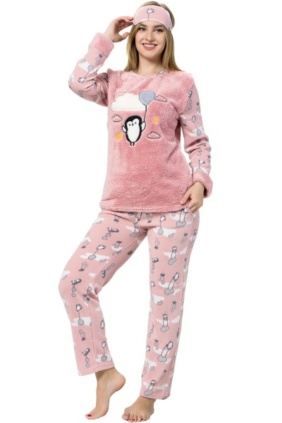 Moda Çizgi Kadın Penguen Desenli Somon Vizon Polar Pijama Takımı 8053 - Thumbnail