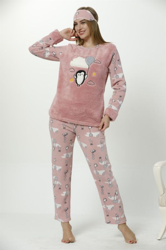 Moda Çizgi Kadın  Penguen Desenli Somon Vizon Polar Pijama Takımı 8053 - 2