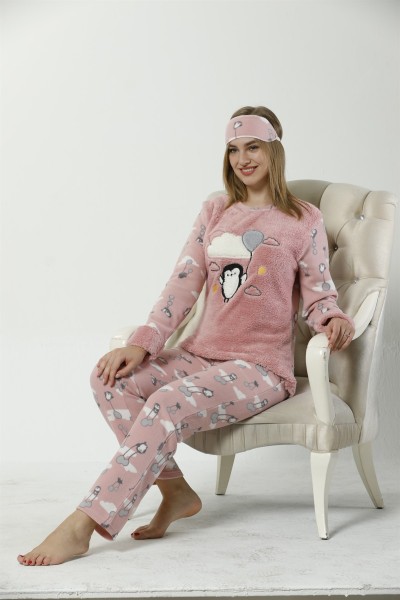 Moda Çizgi Kadın Penguen Desenli Somon Vizon Polar Pijama Takımı 8053 - Thumbnail