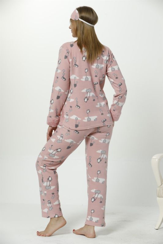 Moda Çizgi Kadın  Penguen Desenli Somon Vizon Polar Pijama Takımı 8053 - 4