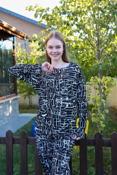 Moda Çizgi Kadın Penye Bol Paça Pijama Takım 4121 - Thumbnail
