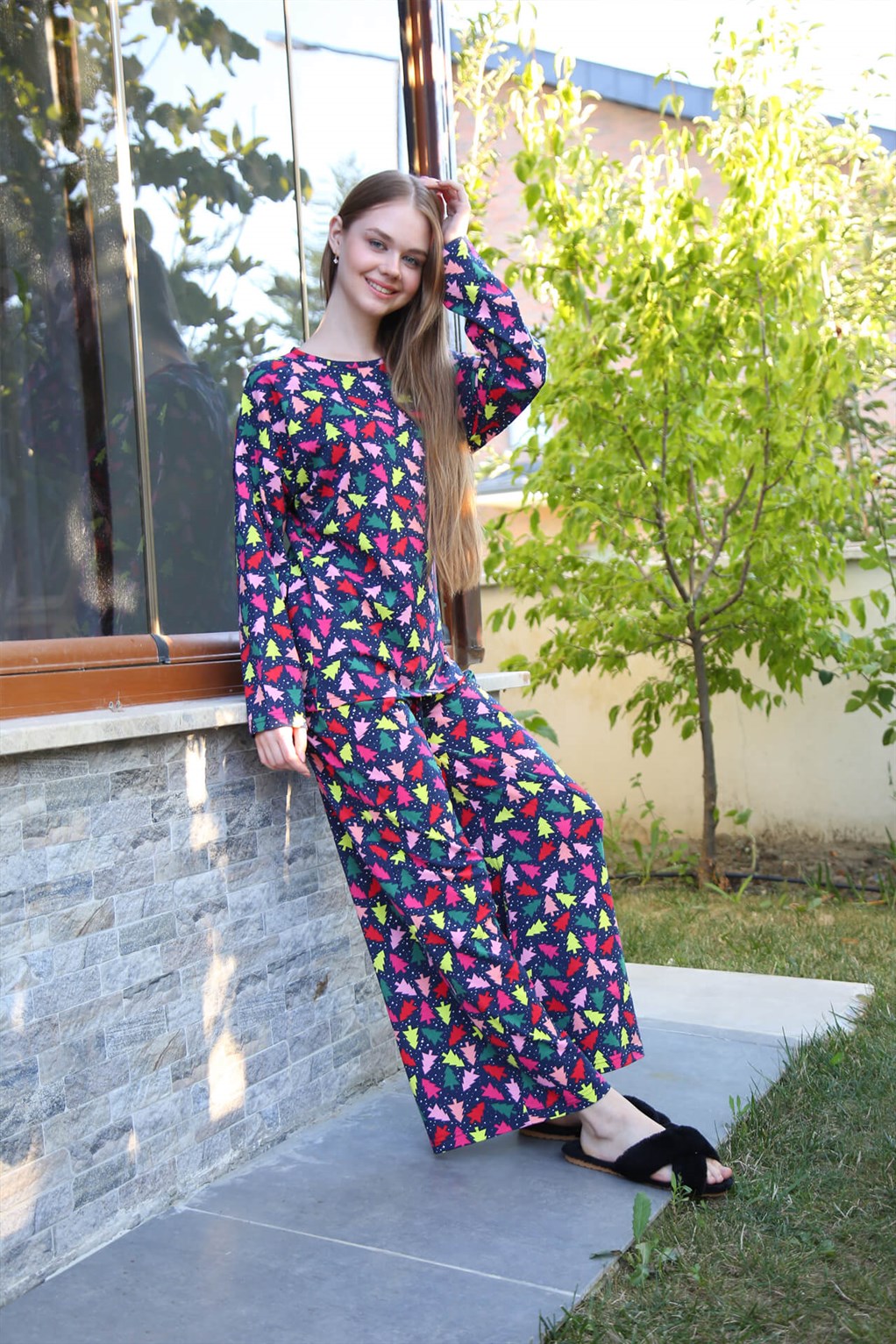 Moda Çizgi Kadın Penye Bol Paça Pijama Takım 4123 - S | Lacivert