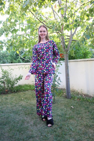 Moda Çizgi Kadın Penye Bol Paça Pijama Takım 4123 - Thumbnail