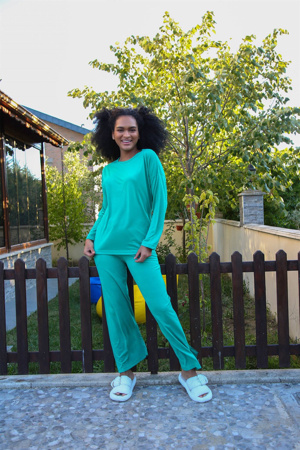 Moda Çizgi Kadın Penye Bol Paça Pijama Takım 4124 - M | Yeşil