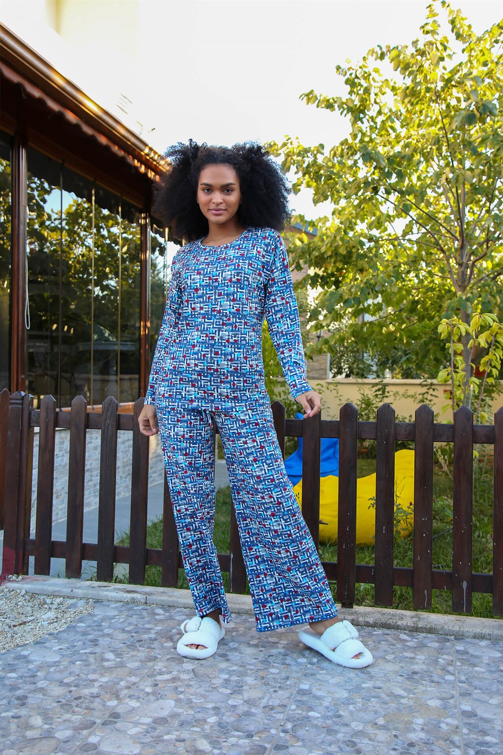 Moda Çizgi Kadın Penye Bol Paça Pijama Takım 4125 - XL | Mavi