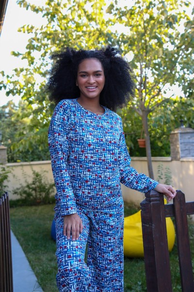 Moda Çizgi Kadın Penye Bol Paça Pijama Takım 4125 - Thumbnail