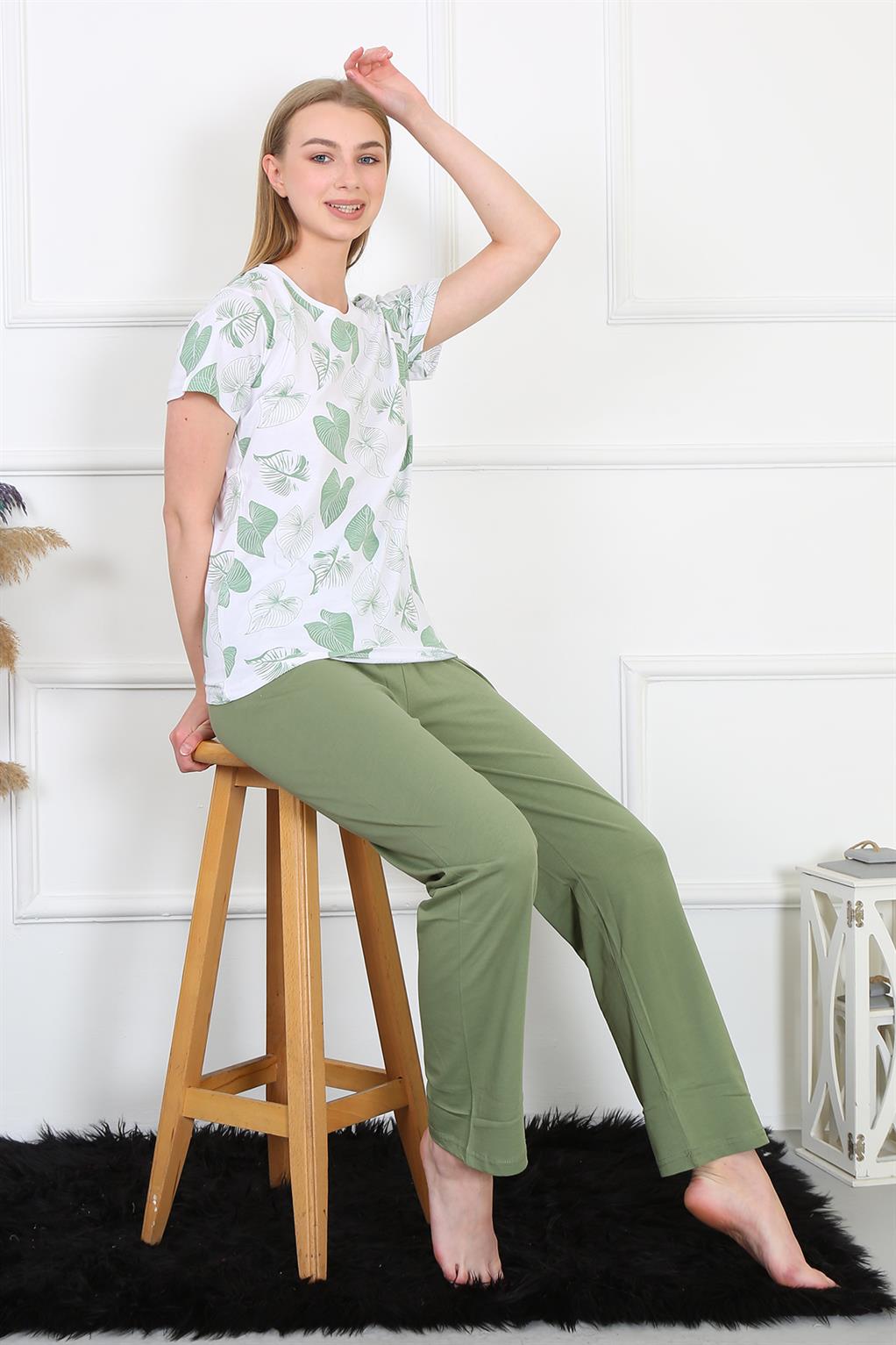 Moda Çizgi Kadın Penye Kısa Kol Pijama Takım 4143 - XL | Beyaz