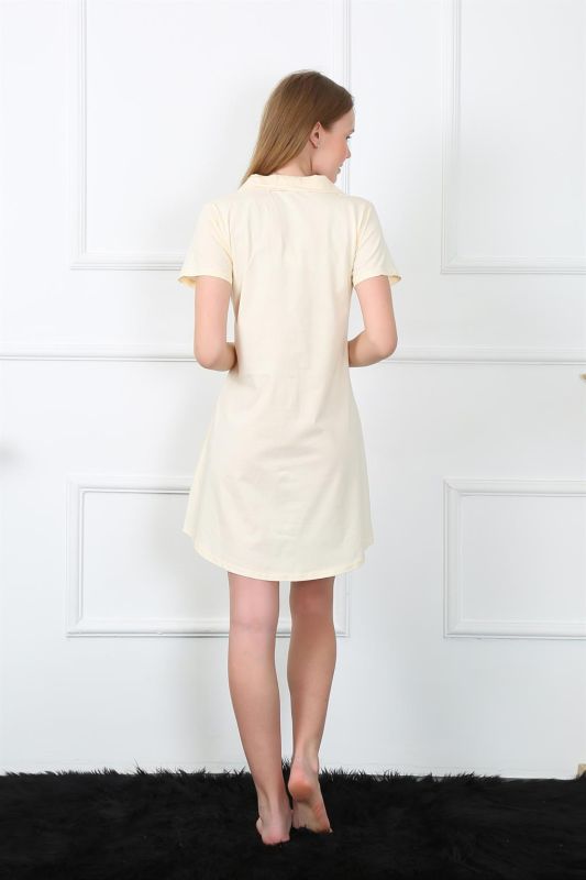 Moda Çizgi Kadın Penye Önden Düğmeli Krem Tunik Gecelik 1032 - 5