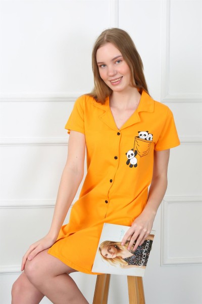 Moda Çizgi - Moda Çizgi Kadın Penye Önden Düğmeli Sarı Tunik Gecelik 1032