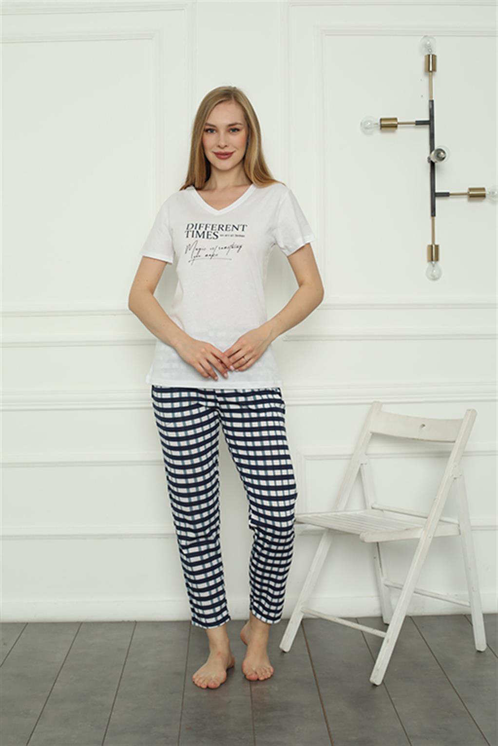 Moda Çizgi Kadın Penye Pijama Takım 4160 - L | Beyaz