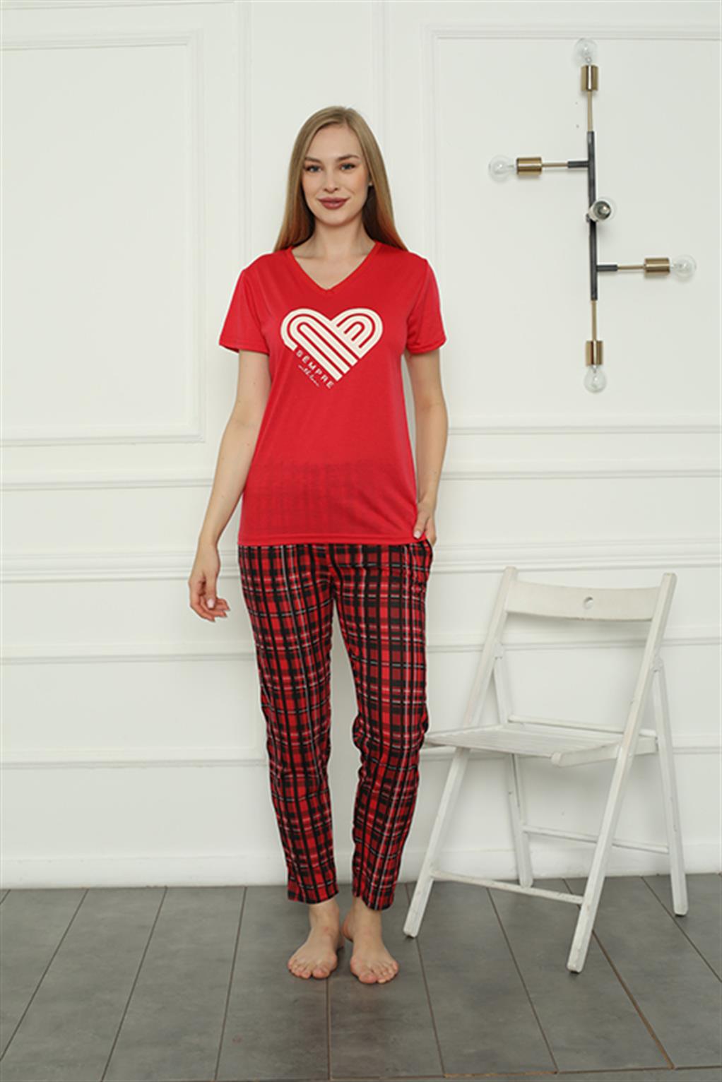 Moda Çizgi Kadın Penye Pijama Takım 4161 - XL | Kırmızı
