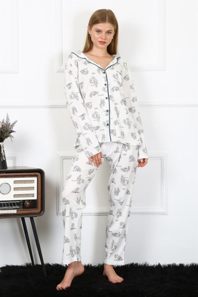 Moda Çizgi Kadın Penye Uzun Kol Önden Düğmeli Pijama Takım 2777 - Thumbnail