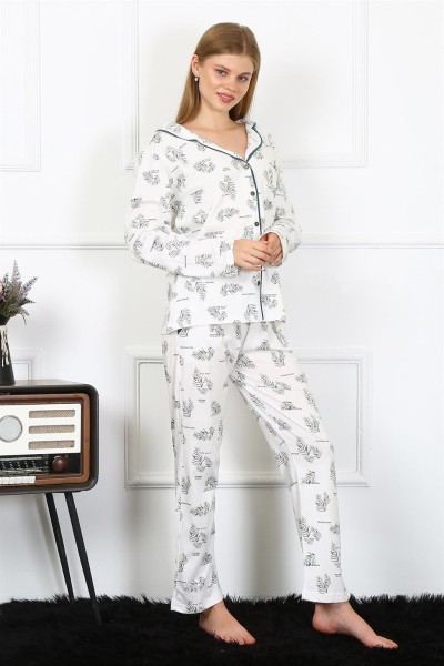 Moda Çizgi Kadın Penye Uzun Kol Önden Düğmeli Pijama Takım 2777 - Thumbnail