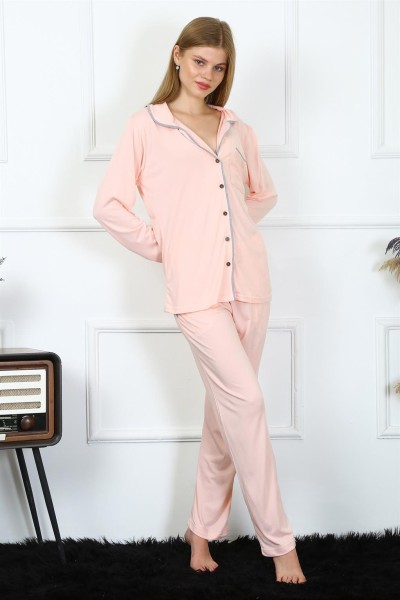 Moda Çizgi Kadın Penye Uzun Kol Önden Düğmeli Pijama Takım 2778 - Thumbnail