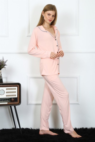 Moda Çizgi Kadın Penye Uzun Kol Önden Düğmeli Pijama Takım 2778 - Thumbnail