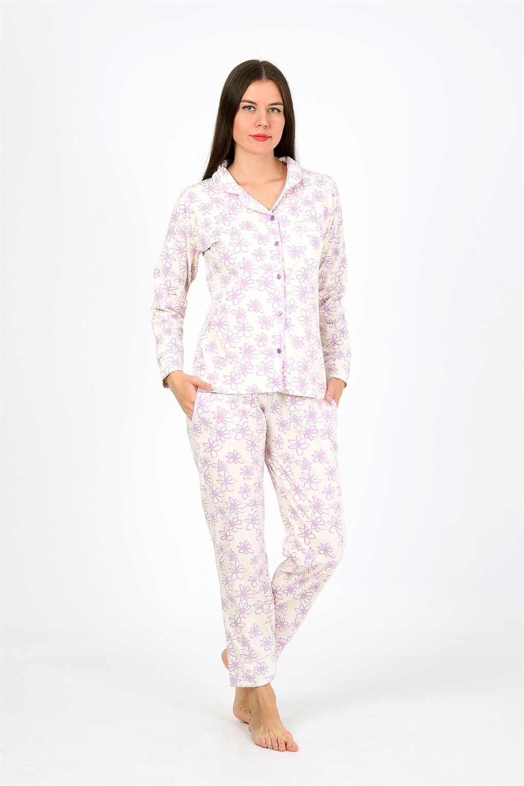 Moda Çizgi Kadın Penye Uzun Kol Pijama Takım 2776 - 2XL | Ekru