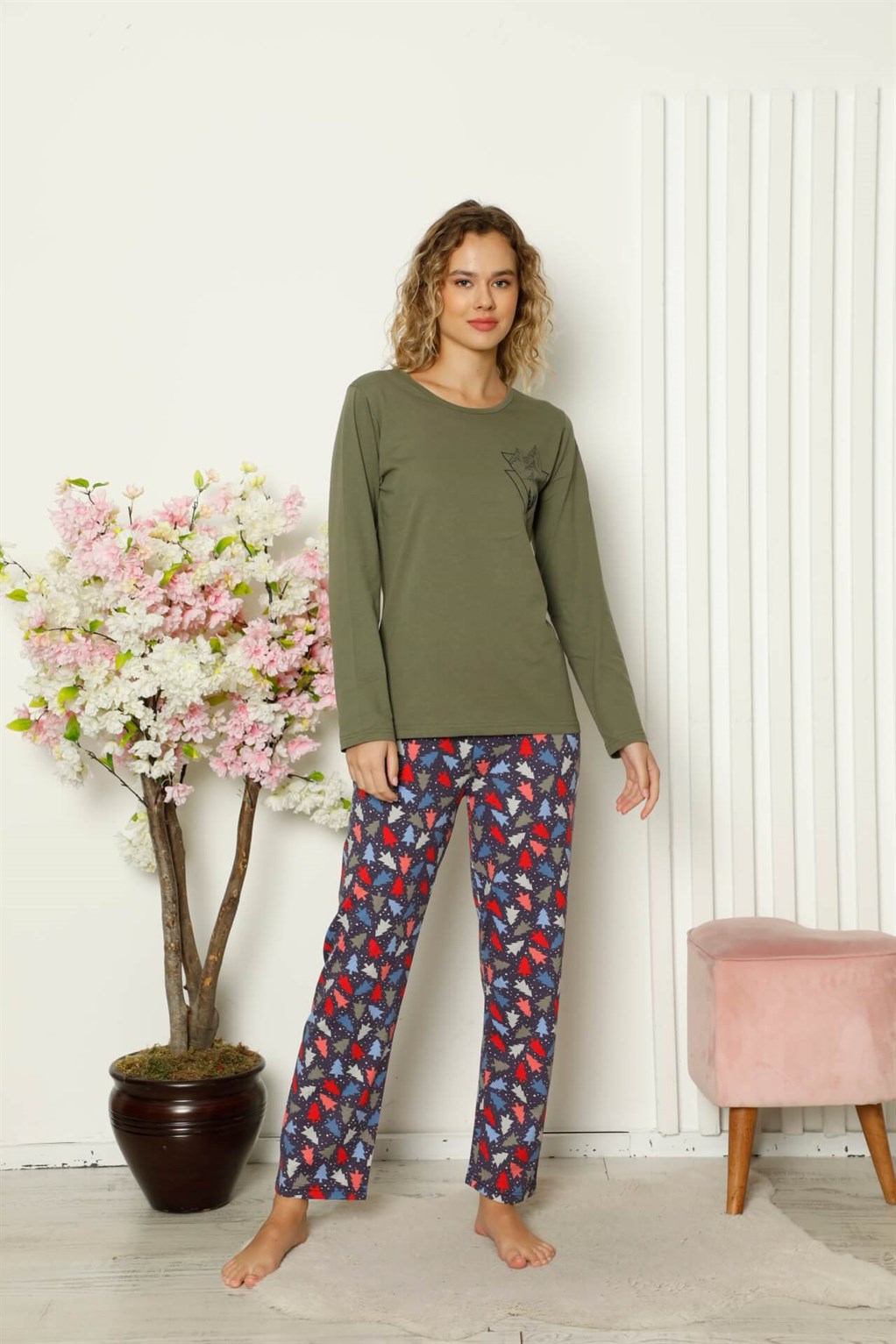 Moda Çizgi Kadın Penye Uzun Kol Pijama Takım 4101 - S | Haki
