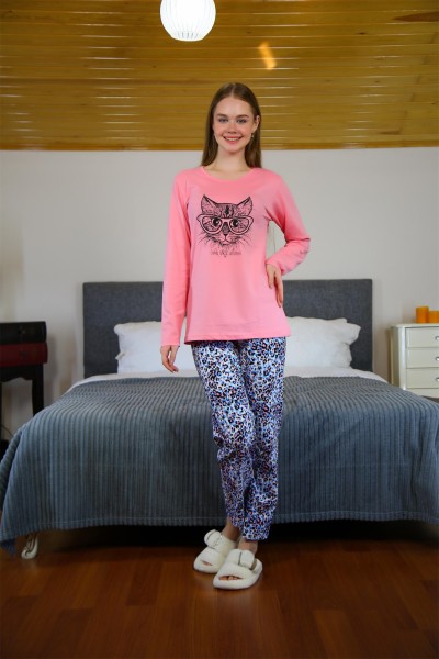Moda Çizgi Kadın Penye Uzun Kol Pijama Takım 4102 - Thumbnail
