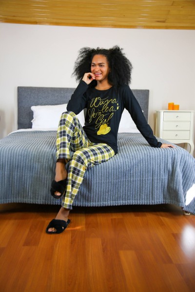 Moda Çizgi Kadın Penye Uzun Kol Pijama Takım 4105 - Thumbnail