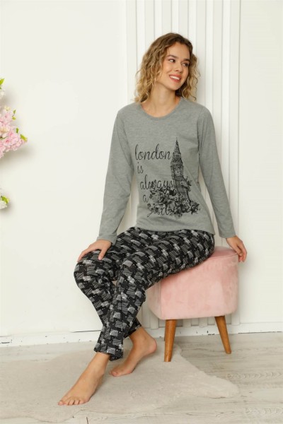 Moda Çizgi Kadın Penye Uzun Kol Pijama Takım 4107 - Thumbnail