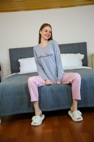 Moda Çizgi Kadın Penye Uzun Kol Pijama Takım 4118 - Thumbnail