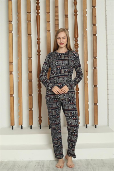 Moda Çizgi Kadın Penye Uzun Kol Pijama Takım 4144 - Thumbnail