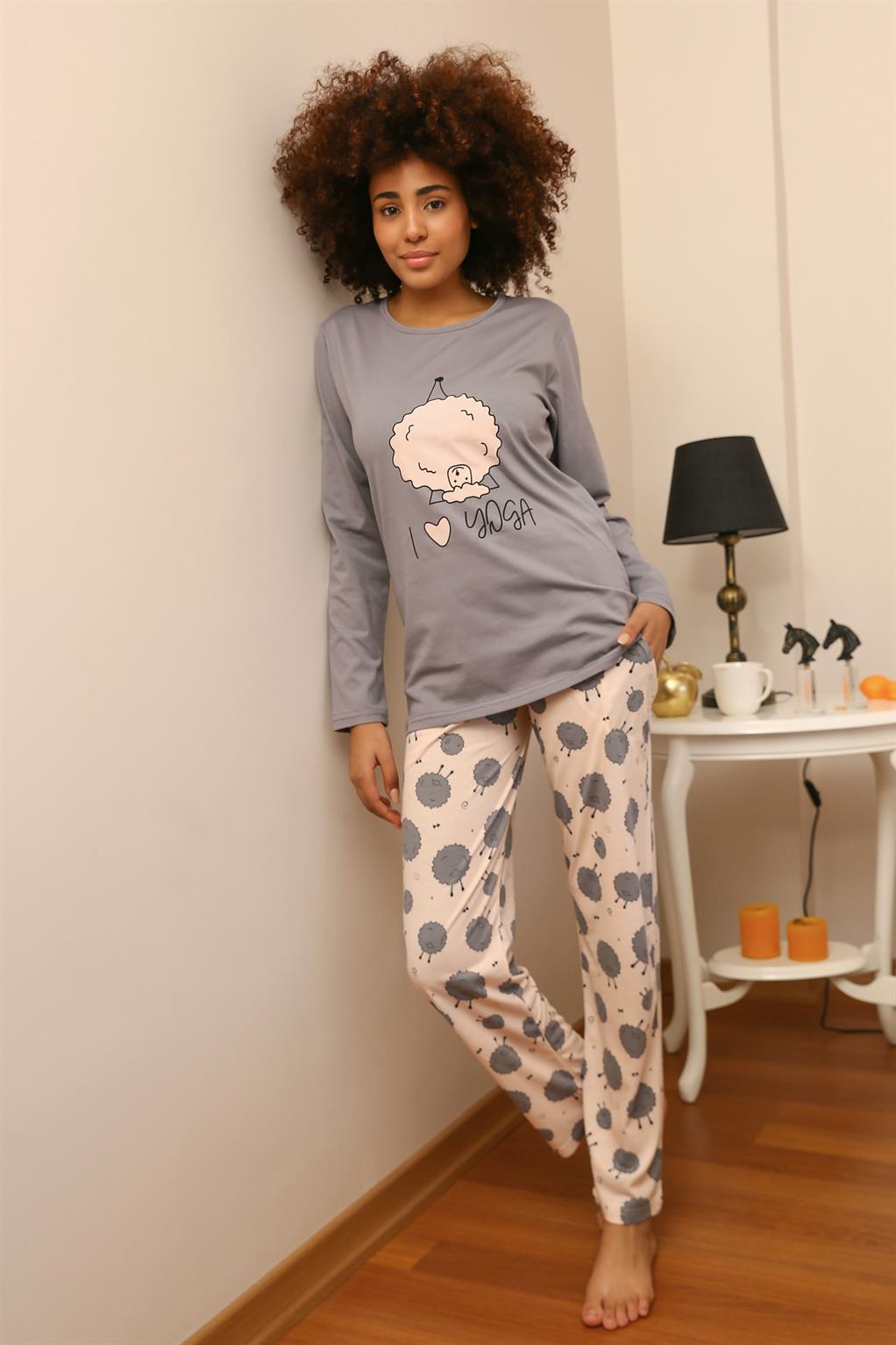 Moda Çizgi Kadın Penye Uzun Kol Pijama Takım 4186 - M | Gri