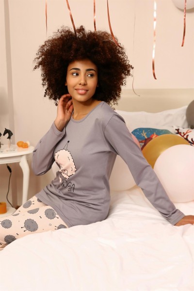 Moda Çizgi Kadın Penye Uzun Kol Pijama Takım 4186 - Thumbnail