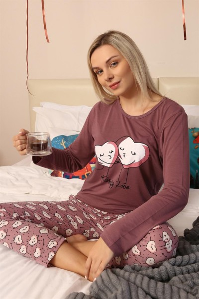 Moda Çizgi Kadın Penye Uzun Kol Pijama Takım 4187 - Thumbnail
