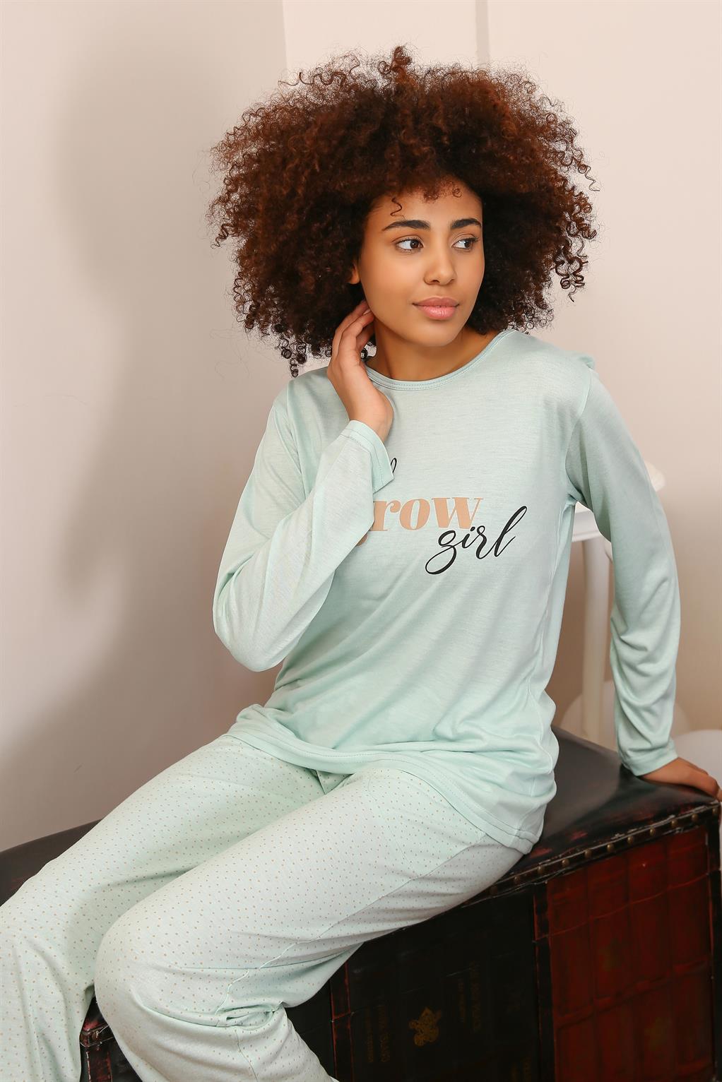Moda Çizgi Kadın Penye Uzun Kol Pijama Takım 4188 - M | Su Yeşili