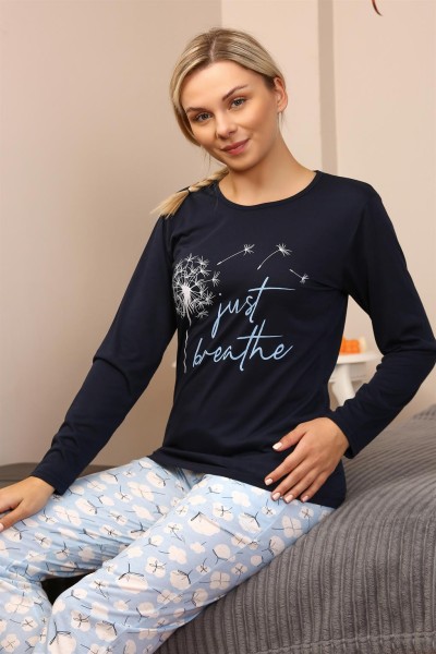 Moda Çizgi Kadın Penye Uzun Kol Pijama Takım 4189 - Thumbnail