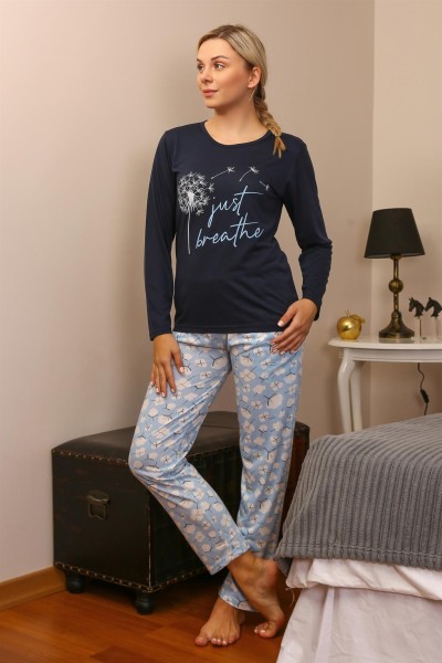 Moda Çizgi Kadın Penye Uzun Kol Pijama Takım 4189 - Thumbnail
