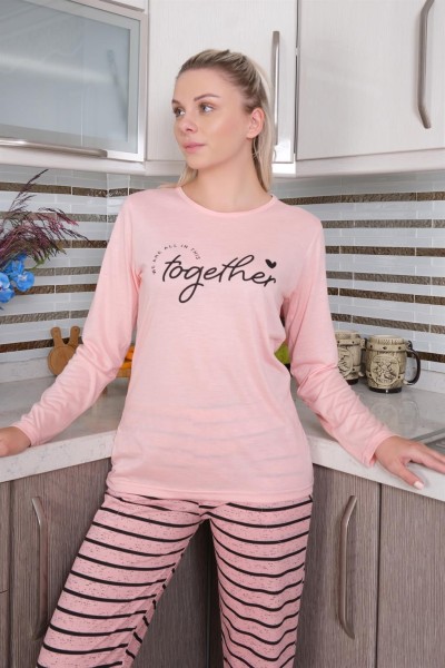 Moda Çizgi Kadın Penye Uzun Kol Pijama Takım 4190 - Thumbnail