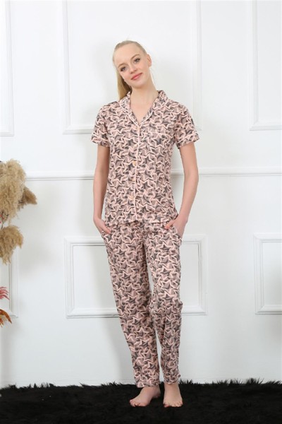 Moda Çizgi Kadın Pudra Önden Düğmeli Kısa Kol Pijama Takım 2844 - Thumbnail