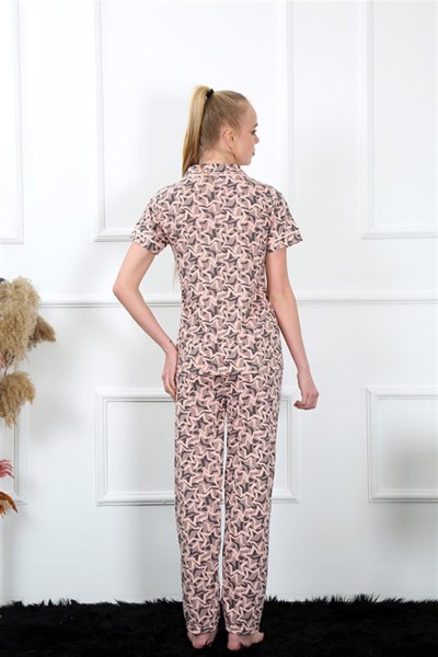 Moda Çizgi Kadın Pudra Önden Düğmeli Kısa Kol Pijama Takım 2844 - Thumbnail