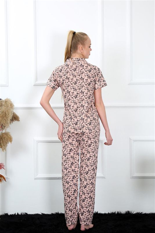 Moda Çizgi Kadın Pudra Önden Düğmeli Kısa Kol Pijama Takım 2844 - 4