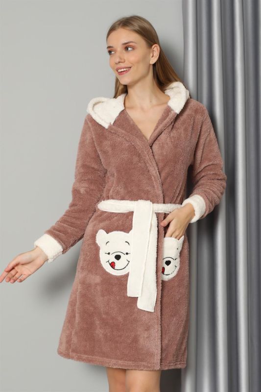 Moda Çizgi Kadın Sütlü Kahve Welsoft Polar Sabahlık 20573 - 2