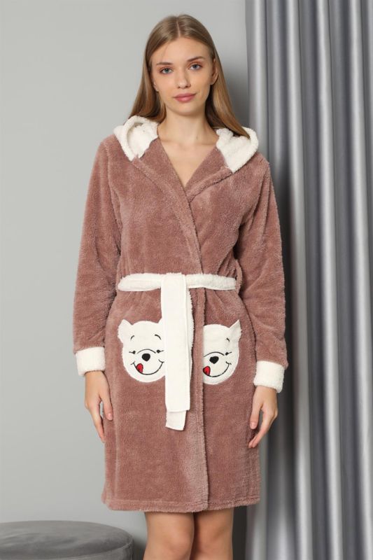 Moda Çizgi Kadın Sütlü Kahve Welsoft Polar Sabahlık 20573 - 3