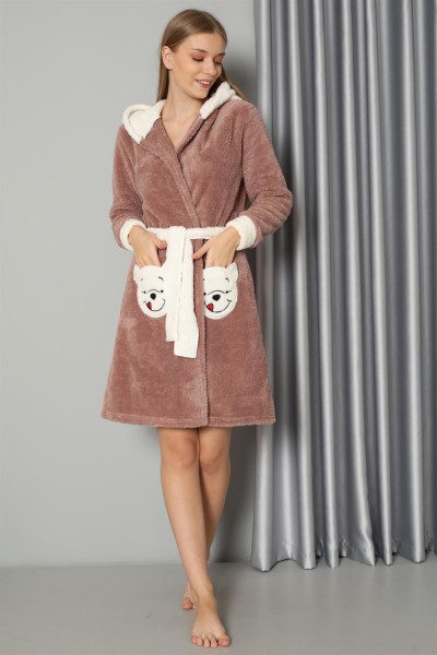 Moda Çizgi Kadın Sütlü Kahve Welsoft Polar Sabahlık 20573 - Thumbnail