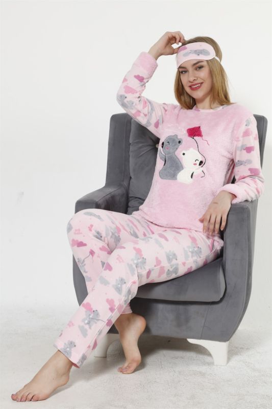 Moda Çizgi Kadın  Uçurtma Desenli Pembe Polar Pijama Takımı 8033 - 3